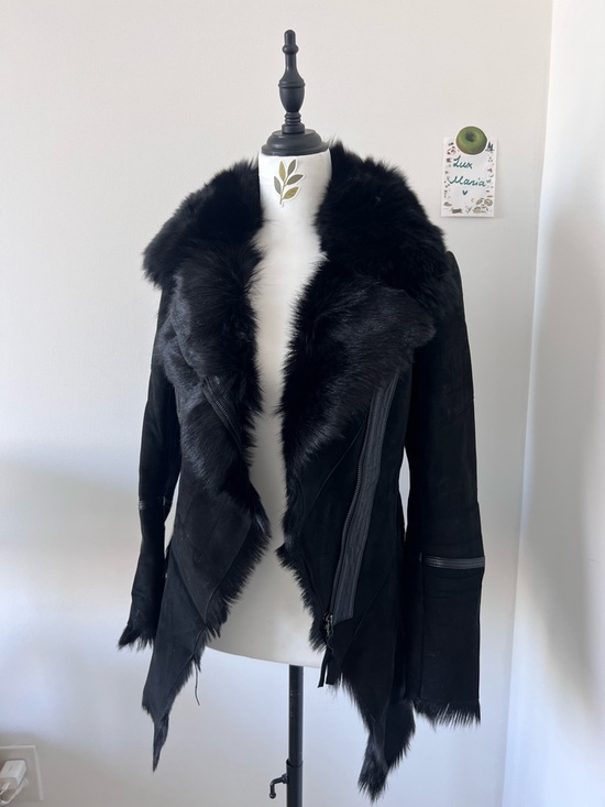 Vintage Jackets & Blazers - Black Real Suede Lamb Leather w Fox Fur Collar Moto Jacket XS